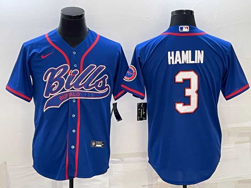 Mens Buffalo Bills #3 Damar Hamlin Blue With Patch Cool Base Stitched Baseball Jersey